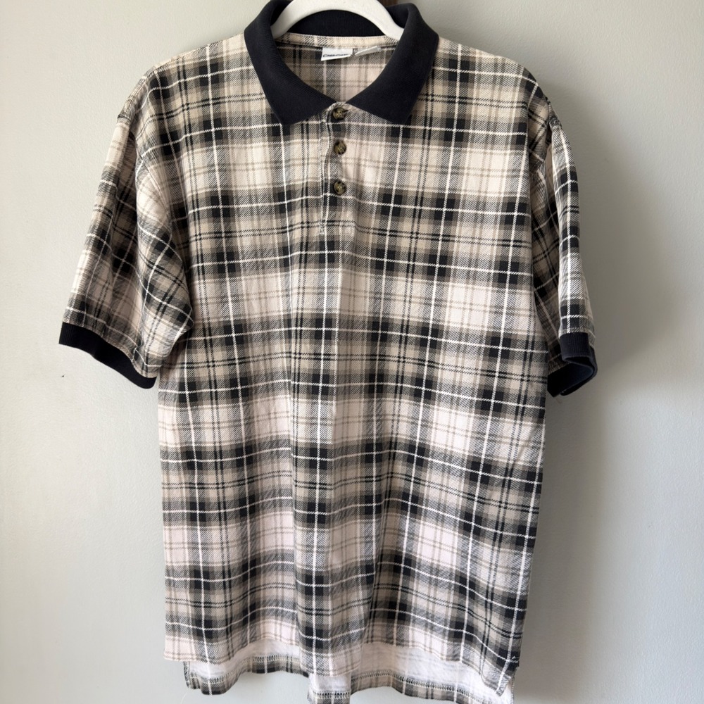 Vintage 90s Cherokee Plaid Polo Shirt Tan Black Cotton Grunge Skater Mens M